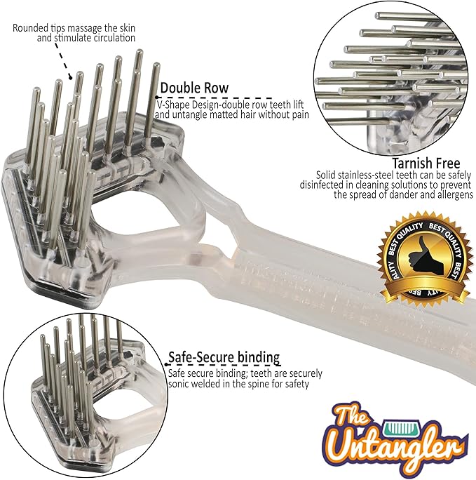 Mini-Rake V-Shape Double Row Rotating Teeth Demats and Grooms Dogs and Cats