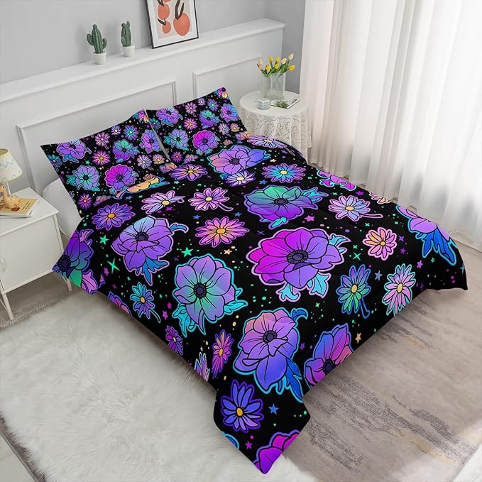 Axolotl Neon Floral Bedding Set Full,Gradient Floral Comforter Set for Girls,Colorful Flower Bedding Set Stars,Galaxy Series Comforter for Kids Boys Girls Teens Adults,1 Quilt 2 Pillowcases,Black