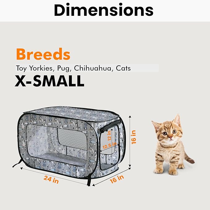 Beatrice Home Fashions Portable, Collapsible, Pop Up Kennel Travel Cat and Dog Crate, 24" L x 16.6" W x 16" H, Tail Waggers
