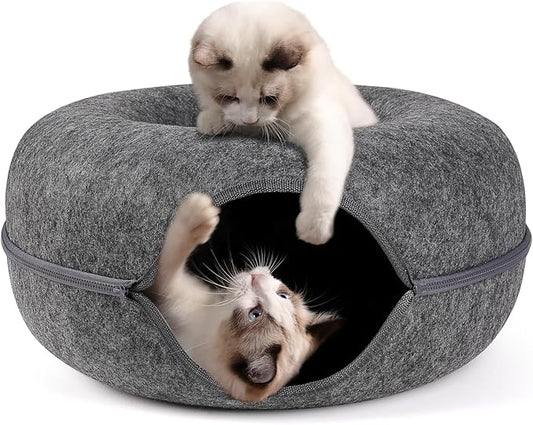 Cat Tunnel,Peekaboo Cat Cave Bed for Indoor Cats,Cat Donut Tunnel for Pet Cat House,Detachable Round Cat Felt & Washable Interior Cat Play Tunnel (20 Inch, Dark Grey)