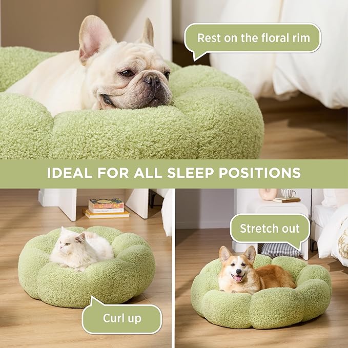 Lesure Calming Medium Dog Bed - Flower Donut Round Fluffy Puppy Bed in Plush Teddy Sherpa, Non-Slip Cute Flower Cat Beds for Indoor Cats, Medium Pet Bed Fits up to 45 lbs, Machine Washable, Green 30"