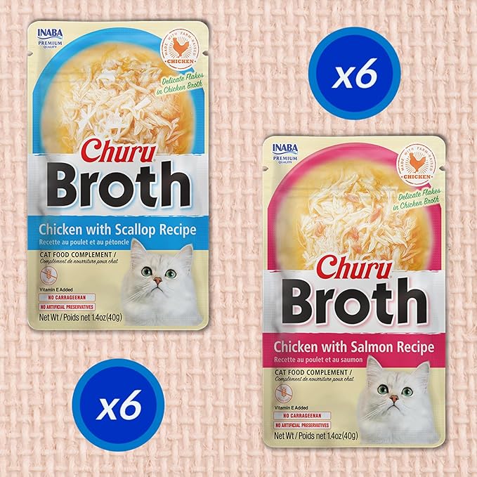 INABA Churu Broth for Cats, Creamy Broth with Shredded Chicken Side Dish Pouch, 1.4 Ounces per Pouch, 12 Pouches, Chicken Variety