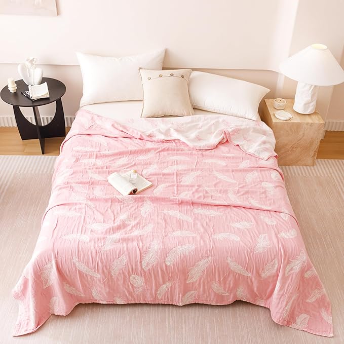 MEJU Feather Pink White Cute Modern Fashion All Season Blanket Throw for Bed Sofa Couch 100% Cotton 3 Layer Soft Warm Reversible Bedspread Throw Blanket Bed Coverlet Sheet Twin 60 in x 80 in