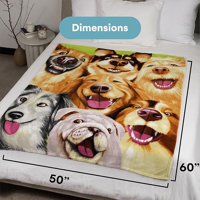 Dawhud Direct Cartoon Selfie Dog Fleece Blanket for Bed, 50" x 60" Puppy Fleece Throw Blanket for Women, Men and Kids - Super Soft Plush Dog Blanket Throw