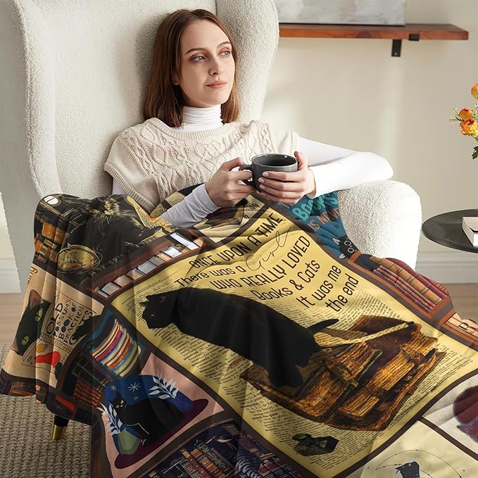 Gifts for Readers, Book Lover Gifts for Women, Black Cat Blanket for Women Cat Lover, Book Reading Lovers Blanket Throws 80"x60"