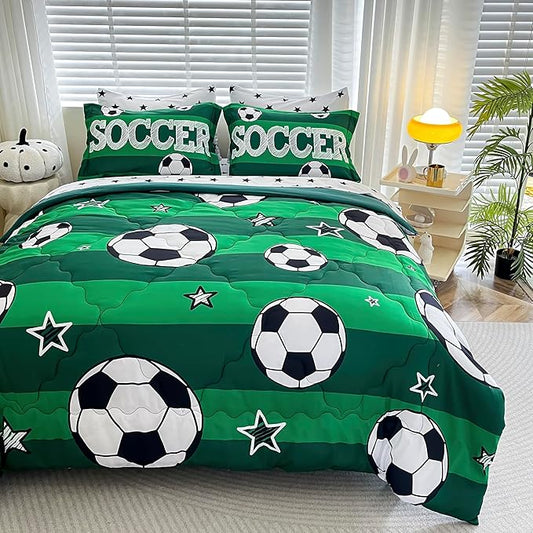 7 Piece Boys Soccer Comforter Set Twin Size Bed in A Bag 3D Football Playground Sports Bedding Set for Kids Microfiber Comforter All Season Green