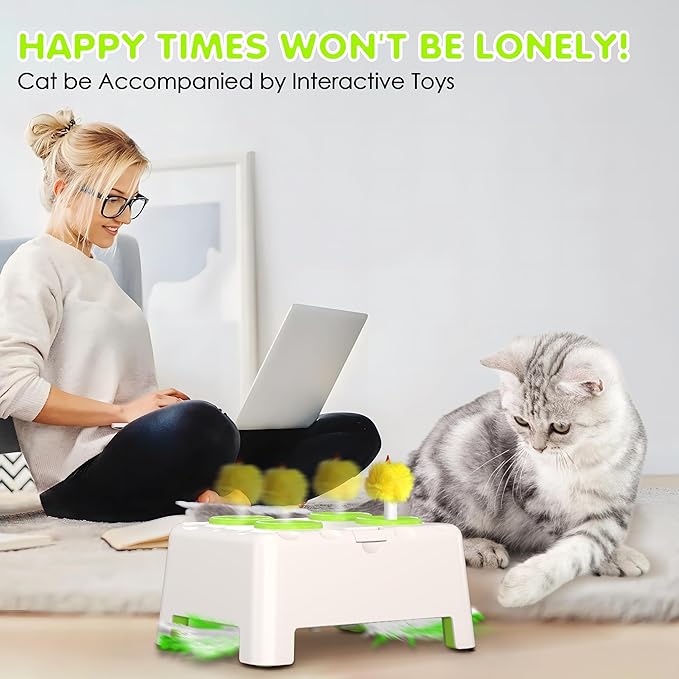 Cat Toys, 2 in1 Automatic Interactive Cat Toys for Indoor Cats, 4 Holes Mice Whack a Mole Cat Mouse Toy with Moving Feather, Rechargeable USB Power Kitten Feather Toys for All Breeds (Green)