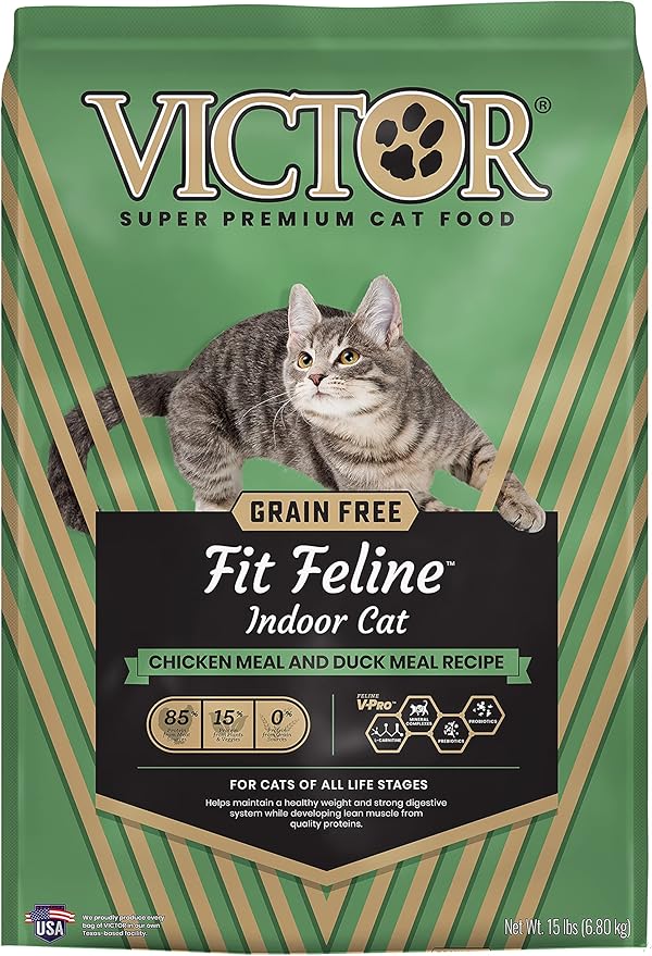 Victor Super Premium Cat Food – Grain Free Fit Feline - Dry Cat Food for Indoor Cats - for All Breeds and All Life Stages from Kitten to Adult, 15lb
