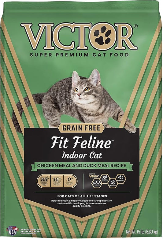 Victor Super Premium Cat Food – Grain Free Fit Feline - Dry Cat Food for Indoor Cats - for All Breeds and All Life Stages from Kitten to Adult, 15lb