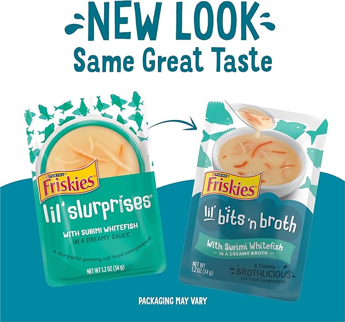 Purina Friskies Lickable Cat Food Toppers Bits ‘n Broth With Surimi Whitefish in a Dreamy Broth - (Pack of 16) 1.2 oz. Pouches