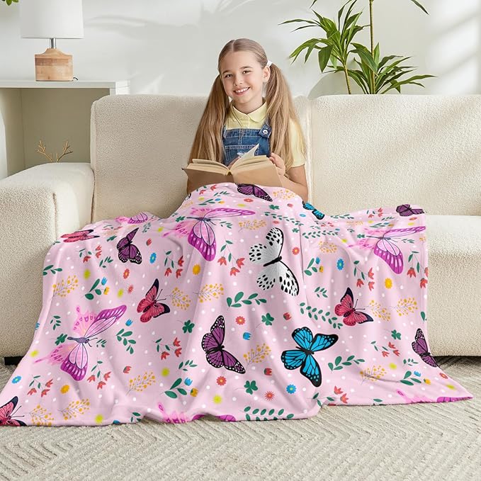 Butterfly Throw Blanket for Girls Women Toddler Watercolor Butterfly Blanket Soft Fuzzy Flannel Bed Blanket Plush Birthday Gifts for Women Girls Mom Kids Teens Adults,50”x60”