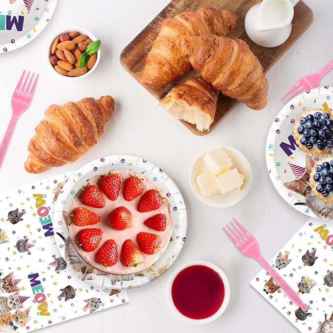 48Pcs Cat Birthday Party Decorations Include Meow Theme Paper Plates and Napkins Forks Supplies Cat Happy Birthday Cake Plates Set Sign Party Decorations for Girls Baby Shower Favors