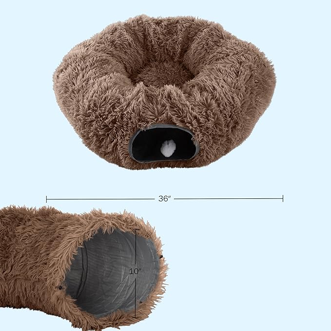 Cat Tunnel with Cat Bed for Indoor Cats - 3FT Multifunctional Cat Tunnel Bed with Cat Toys - Soft, Plush Peekaboo Cat Cave for Kittens, Cats, Ferrets, and Rabbits - Cat Products by PETMAKER (Brown)