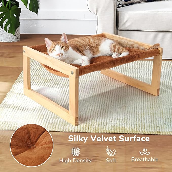 FUKUMARU Cat Bed, Plush Velvet Cat Beds for Indoor Cats, Wooden Cat Hammock, 21 x 16.5 Inch Cat Couch, Suitable for Cats, Dog, Bunny, Rabbit, Kitten and Small Animal, Brown