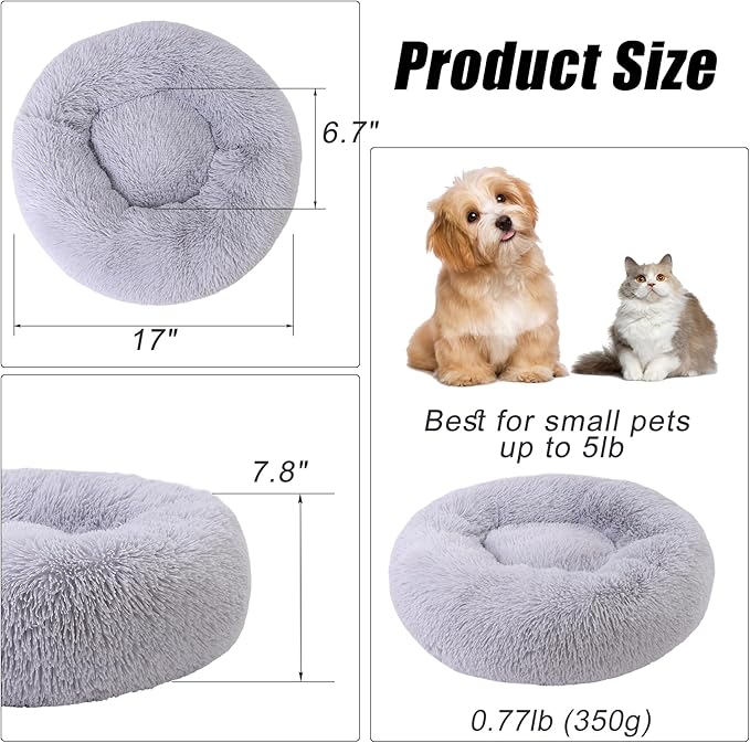 Calming Dog Bed, Dog Beds Fits up to 5 lbs Pets, Fluffy Donut Dog & Cat Bed Washable, Round Anti Anxiety Dog Bed, Small Dog Bed with Non-Slip Bottom (Light Grey, 17" x 17")