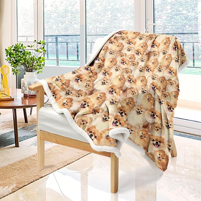 BlessLiving Pomeranian Blanket for Adults Women Twin Size Fuzzy Dogs Blanket Cute Puppy Fleece BlanketAnimal Pattern Sherpa Plush Bed Cover Couch Throw (60 x 80 Inches)