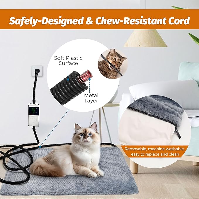 PatiencET Heated Cat Bed, 18'' x 28'' Temperature Adjustable Cat Dog Heating Pad with Timer Indoor, Pet Heating Pad for Cats Dogs, Cat Warming Pad Bed with Metals Chew Resistant Cord