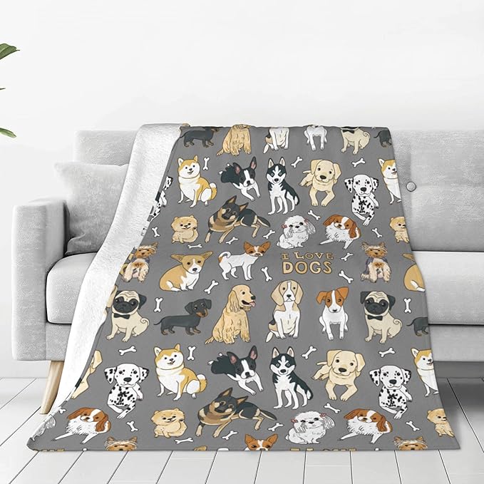 Cute Kids Dogs Puppies Print Blanket Throw 60"x50", Plush Flannel Blankets with Dogs on It, Gifts for Boys Girls Dog Lovers People