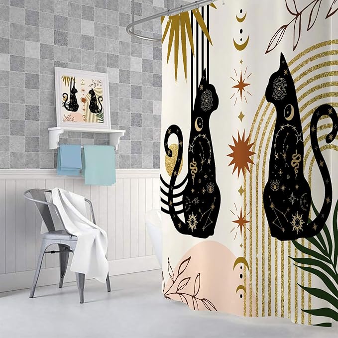 Boho Black Cat Shower Curtain, Cute Animal Mid Century Modern Moon Shower Curtains, Abstract Phase Fancy Geometric Aesthetic Leaf Fabric Shower Curtain Restroom Decor Accessories with Hooks 72X72