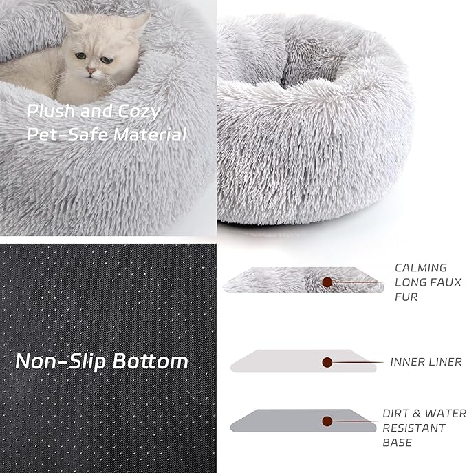 Calming Dog Bed for Cats and Small Dogs, Donut Washable Small Cat Bed for Indoor Cats and Dogs, Anti-Slip Round Fluffy Plush Faux Fur Pet Bed for Small Cats and Dogs (Grey, 15.7'')