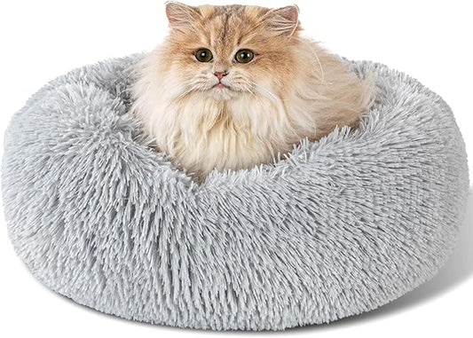 Dog Bed Calming Dog Beds for Small Medium Dogs - Round Donut Washable Dog Bed, Anti-Slip Faux Fur Fluffy Donut Cuddler Anxiety Cat Bed(Light Grey 16")