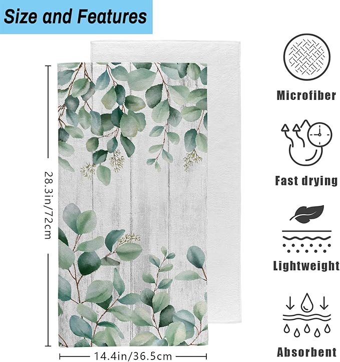Green Eucalyptus Bouquet on White Board Bathroom Hand Towel Set of 2,Watercolor Eucalyptus Leaves Fingertip Kitchen Hand Towel,Soft Absorbent Decorative for Hotel Home Decor