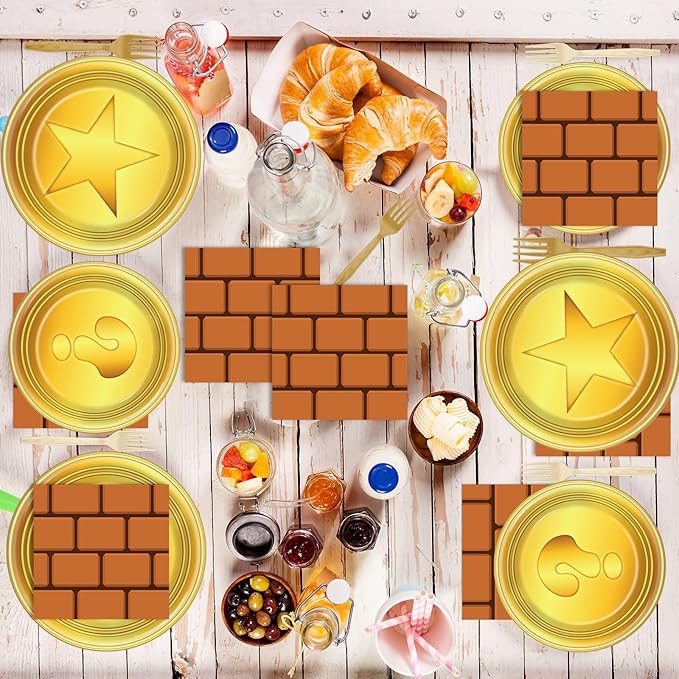 96 Pcs Super Brothers Party Supplies Game Theme Party Plates and Napkins Video Game Theme Tableware Set Decor Party Decorations for Birthday Baby Shower Party Favors for 24 Guests