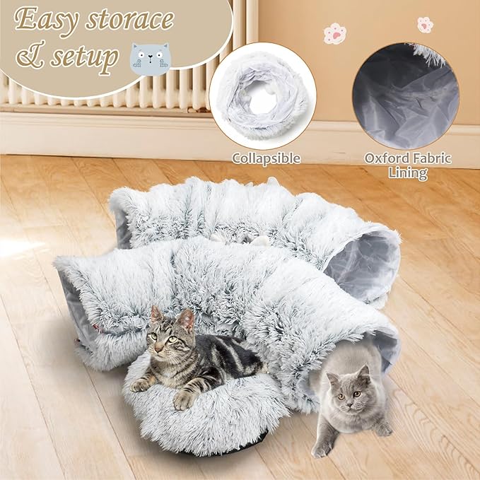 Cat Tunnel Bed for Indoor Cats, Soft Cute Cat Donut Tunnel with Washable Circle Cushion, Under Christmas Tree Plush Peekaboo Cat Cave, Round Pet Play Tunnel Toy for Kitten/Rabbit/Puppy