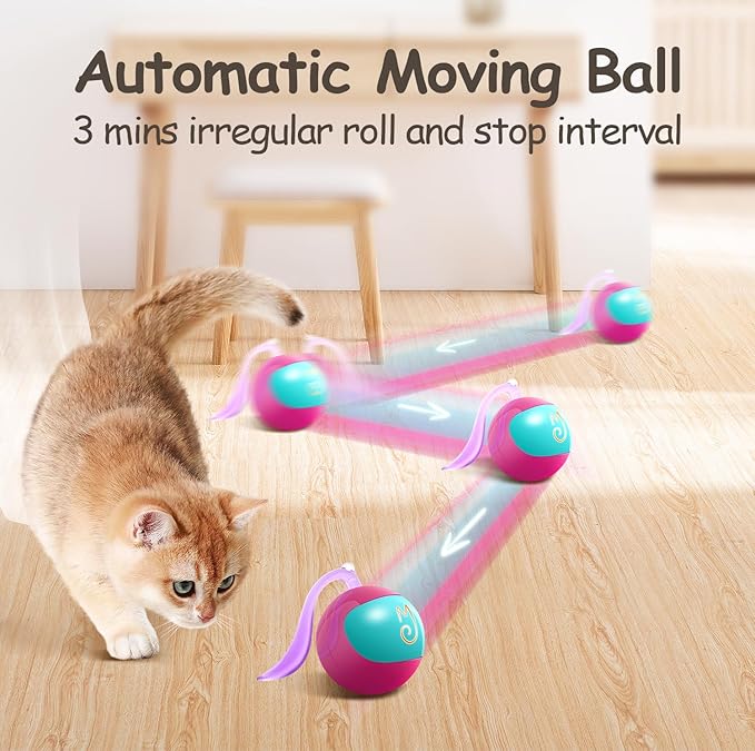 Migipaws Interactive Cat Ball Toy Set, Fun Tracker, Automatic Rolling Chase Ball with Fluffy Tail, A Small Mice, Rechargeable（Rose）