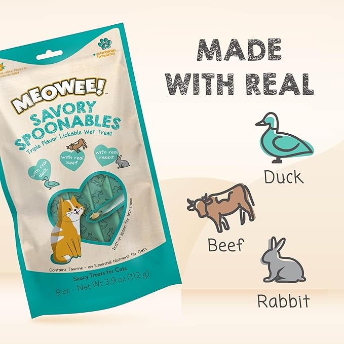 Savory Spoonables with Real Duck, Beef and Rabbit for Cats, 8 Count, Treat Your Cat to Triple Flavor Squeezable Lickable Wet Treats with Built-in Spoon for Less Mess