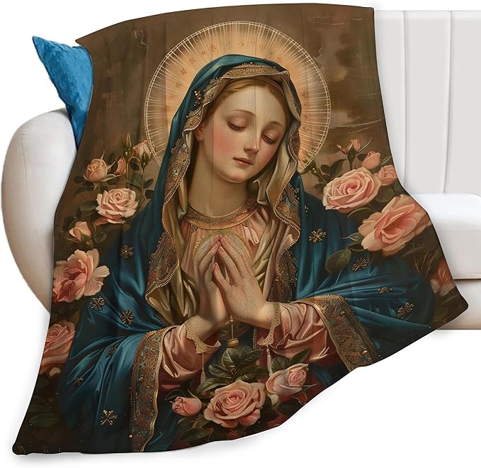 Virgin Mary Throw Blanket Catholic Religious Faith Mexican Mother of God Prayer Print Blankets Gifts for Couch Sofa Stuff Decor Cozy Fleece Plush Flannel Bedding for Lover Men Women Adults 40"x50"