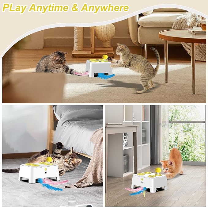 Cat Toys, Interactive Cat Toys, 2-in-1 Automatic Cat Toy, 4 Holes Mice Whack A Mole Cat Mouse Toy with Moving Feather, Portable USB Rechargeable Electronic Kitten Toys (White & Yellow)