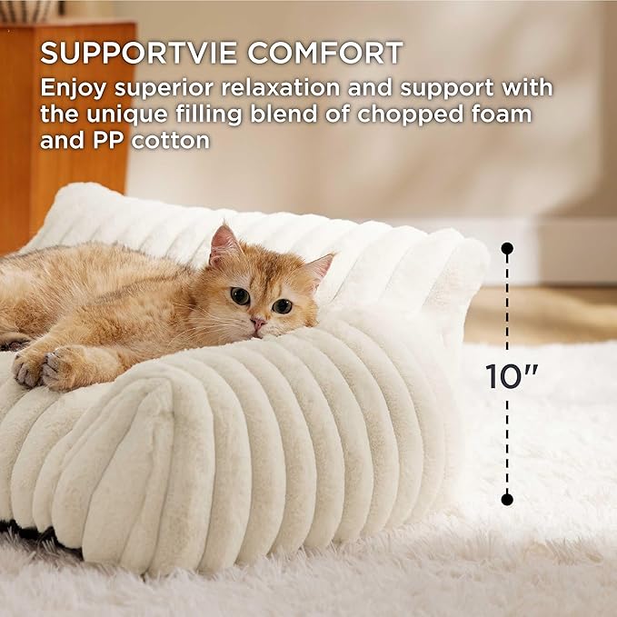 Bedsure Cute Cat Couch for Pets - Fluffy Cat Sofa with Premium Soft Corduroy Fleece, Fuzzy Cat Couch Bed with Removable Washable Cover, Supportive Cat Chair for Indoor Cats, 24inch, Cream