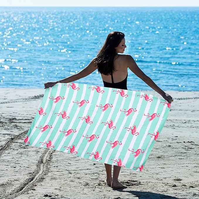 LIVILAN Blue Flamingo Beach Towel for Girls Kids, 30”x60” Microfiber Thin Soft Bath Swimming Pool Travel Towel, Oversized Quick Dry Sand Free Lightweight Beach Towel, Flamingo Gifts for Women