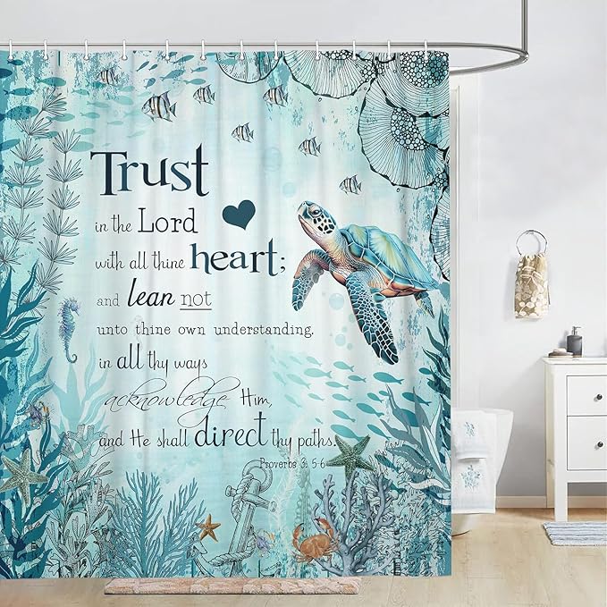 Beach Sea Turtle Bible Verse Shower Curtain, Cool Turtle on Blue Teal Coastal Nautical Theme Shower for Bathroom, Underwater Animal Fish Seashell Jellyfish 70X70IN