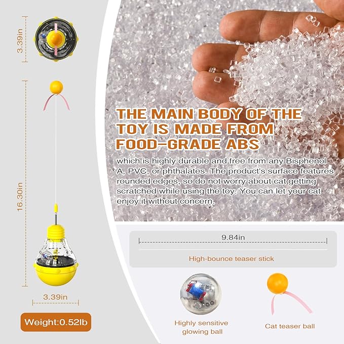 Light Bulb Tumbler cat Toy, Never Knocked Over by Cats, high Elasticity cat Teaser Stick, Slow Food Distribution Toy, Cat's Enlightenment Puzzle Toy - Blue (Yellow)