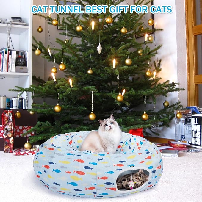 Ownpets Large Cat Tunnel Bed for Indoor Cats, Soft Plush Cat Donut Tunnel with Washable Cushion, Cute Peekaboo Cat Cave for Cat, Puppy, Rabbit, Blue