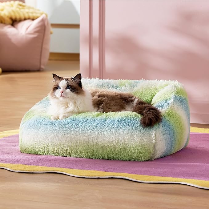 Lesure Dog Bed Medium Size - Cute Furry Calming Puppy Beds, Rectangle Washable Indoor Pet Beds with Removable Zipper Cover, 35x25x11inches, Green Stripe