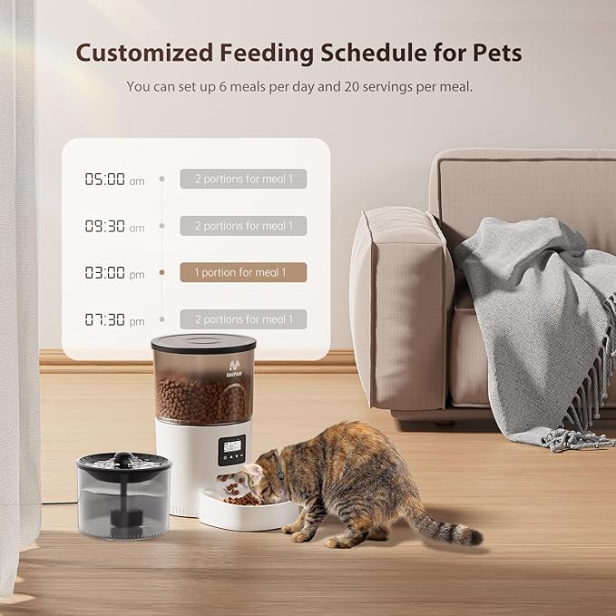 Automatic Cat Feeder and Water Fountain, Timed Pet Dry Food Dispenser, Programmable Portion Control, 1-6 Meals Per Day, Cat Fountains for Drinking with Filter, Small Pets (3L Combo)
