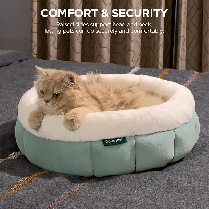 BALANCE Round Cat Beds for Indoor Cats - Donut Dog Bed for Medium Dogs, Washable Medium Pet Bed, Round Fluffy Plush Faux Fur Cat Bed with Anti-Slip Bottom