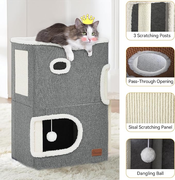 YITAHOME 2-Tier Cat House, Indoor Cat Cave Bed Playhouse, Flannel & Cool Mat, Covered Cat Beds with Scratch Pad and Hideaway Cave, Cute Modern Cat Condo Furniture for Multi Small Cats, Grey