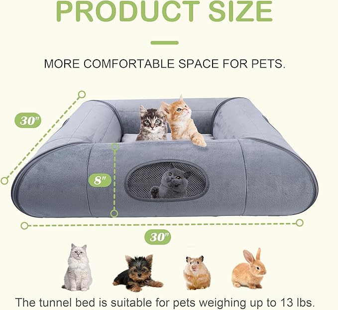 Cat Tunnel Bed for Multiple Kittens and Rabbits, Foldable Indoor Peekaboo Pet Cave, Sturdy and Scratch Resistant, Removable and Washable Soft Cushion - Cat Interactive Toys (Gray, with Door)