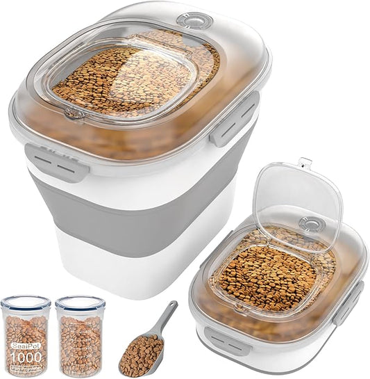 32-35 Lbs Dog Food Storage Container,Collapsible Dog Food Container with Transparent Airtight Lid,Wheels,Date Track,Pet Food Storage Container for Rice,Flour,Sugar,Scoop And 2PCS Containers