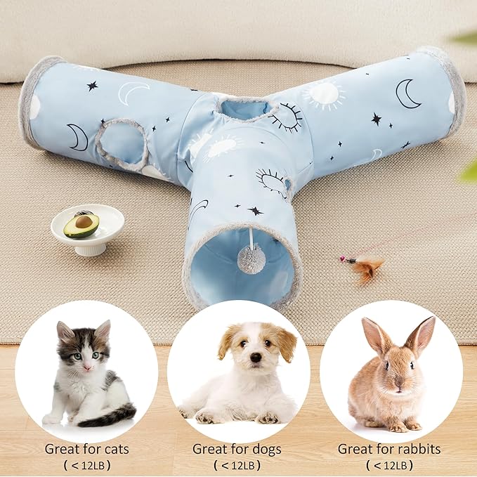 Love's cabin Large Cat Tunnel Toy 3 Way Collapsible, Cat Tunnels for Indoor Cats Large, Cat Play Tunnel with 4 Peek Hole Plush Ball & Feather Toy for Cat, Kitty, Kitten, Rabbit, Puppy Blue Sun