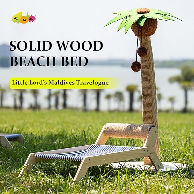 Beach Chair Cat Hammock with Scratch-Roller, Natural Solid Wood Elevated Cat Beds for Indoor Cats, Cozy Cat Lounge, XL-Wooden Beach-Sling-Chair for Kittens and Large Adult Cats, 23.6”×11.8”×7.9”