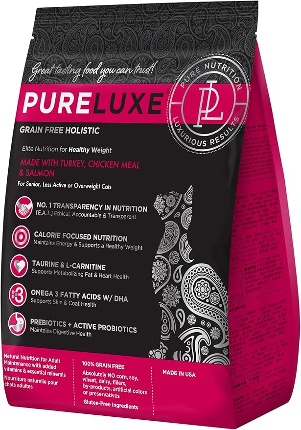 PURELUXE Grain and Gluten Free Cat Food, Healthy Weight Elite Nutrition, Turkey, Chicken, Salmon, for Senior, Less Active or Overweight Cats, All Life Stages and Breeds, Made in The USA, 11lbs