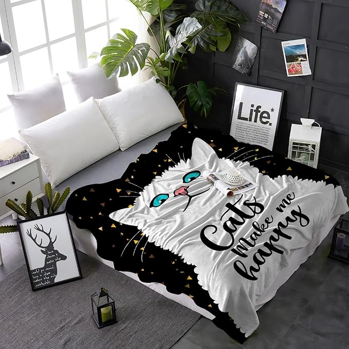 Cat Make Me Happy Throw Blanket Super Soft Cozy Black Cats Blanket for Kid Adult Women Men Cat Lovers Gift Cute Pet Cats Fleece Blanket for Couch Bed Sofa Chair Dorm Home Decor 80"x 60"Large for Adult