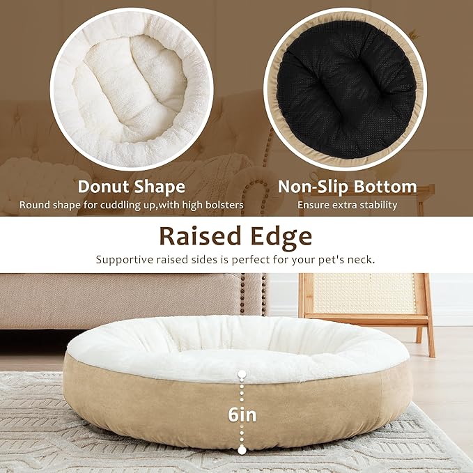 Love's cabin Round Donut Cat and Dog Cushion Bed, 20in Pet Bed for Cats or Small Dogs, Anti-Slip & Water-Resistant Bottom, Super Soft Durable Fabric Pet beds, Washable Luxury Cat & Dog Bed Camel
