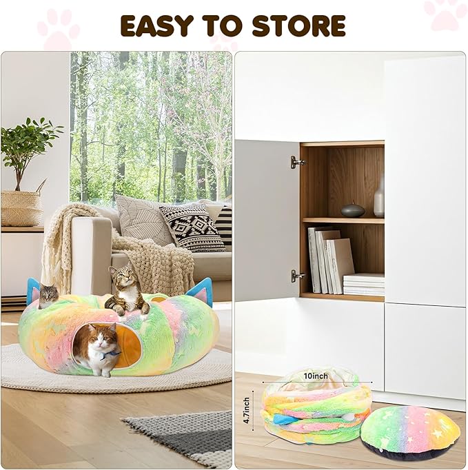 Cat Tunnel Bed for Indoor Cats,Cat Donut Tunnel with 4 Holes & Plush Ball Toys,Collapsible Self-Luminous Multifunctional Pet Playground Toys Hideplace for Kitten/Puppy/Rabbit,Rainbow