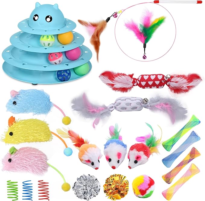 UPSKY 24 PCS Cat Toys, 3-Level Turntable Kitten Toys Set, Interactive Cat Roller Toys for Indoor Cats, Catnip Toys, Cat Teaser Toys, Mice Toys, Spring Toys, Various Ball Toys for Kitty